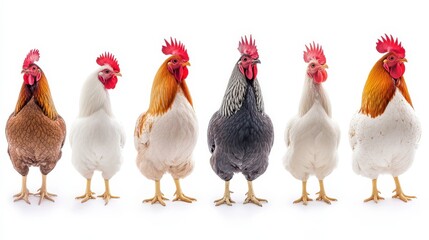 Fototapeta premium A row of six chickens with different colored feathers