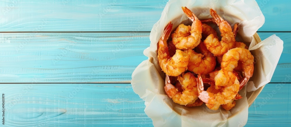 Poster top view of delectable fried breaded shrimps on a light blue wooden table with available copy space 