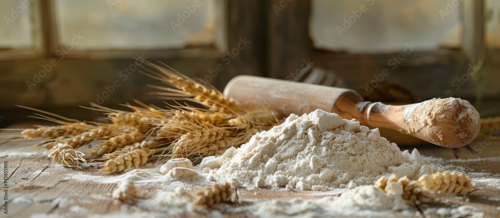 Poster Wooden table adorned with a pile of flour a rolling pin ears of wheat and ample copy space for images all creating a rustic culinary setting