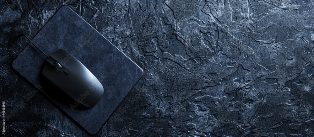 Poster top view of a mouse pad on a black textured table with copy space image available
