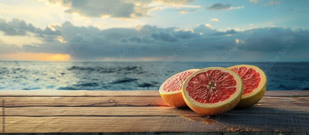 Aufkleber fresh grapefruit halves on a wooden table with a backdrop of sea and sky provide a scenic copy space