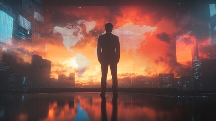 Fototapeta premium An image of a person standing in front of a giant digital screen showing a futuristic map of a fictional country against the backdrop of a night city