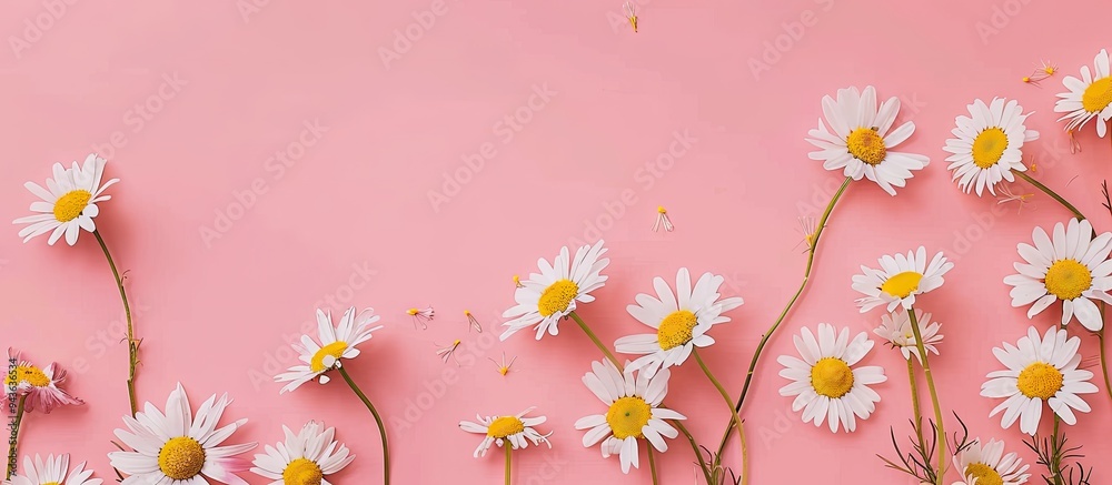 Sticker chamomile flowers displayed on a vibrant backdrop in a flat lay style ideal for a template or mockup