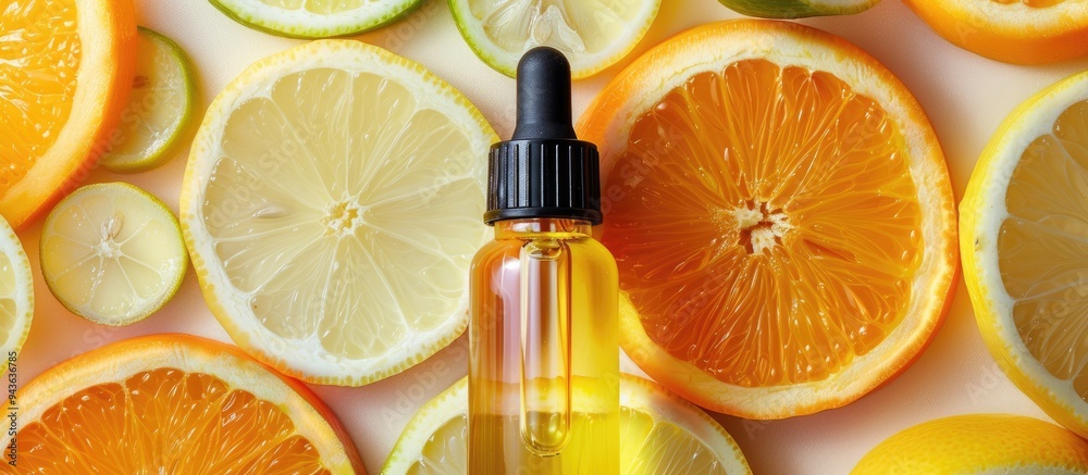 Poster top down view of a beauty serum dropper surrounded by citrus fruit slices like lemon and orange with