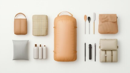Naklejka premium A collection of items including a backpack, a purse, and a few bottles