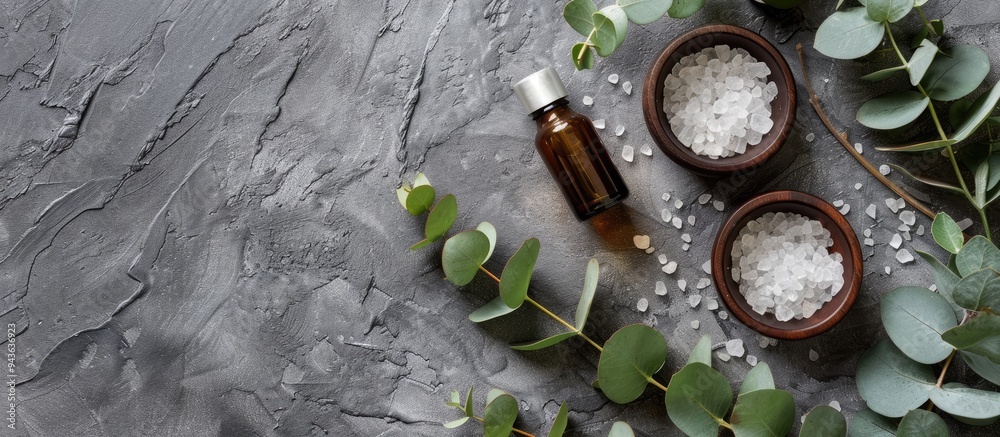 Poster Aromatherapy items like essential oil bottles sea salt and eucalyptus branches on a grey background in a flat lay composition with room for text in the image. Creative banner. Copyspace image