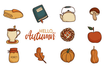 Set of autumn-themed illustrations with cozy elements and seasonal items on a white background.