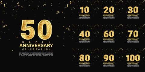 Set of 10th-90th anniversary celebration emblem. Gold anniversary logo isolated on black gradient background. Anniversary banner template design for web, poster, flyers, greeting card and invitation