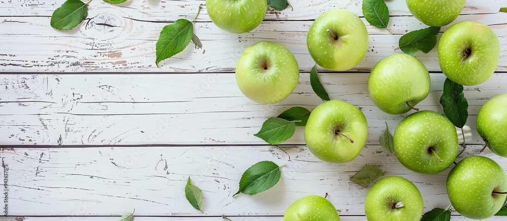 Poster a flat lay composition featuring fresh ripe green apples placed on a white wooden table with ample c
