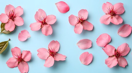Obraz premium Delicate pink cherry blossoms arranged on a soft blue background.
