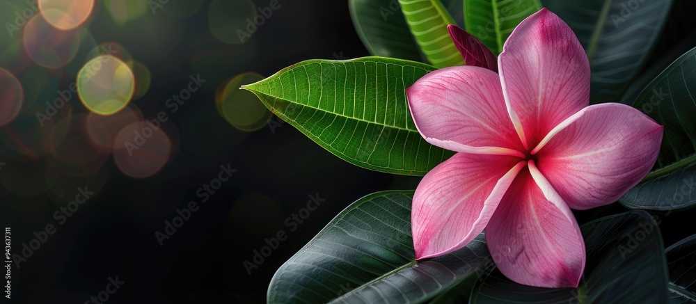 Aufkleber An isolated pink plumeria flower with green leaves set against a dark background with bokeh creating a captivating copy space image