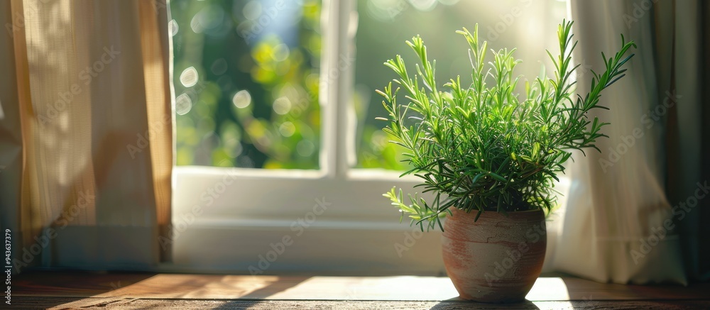 Poster A fragrant rosemary plant in a pot by a window with copy space image