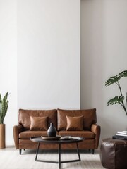 White living room interior with brown leather sofa, home interior mockup