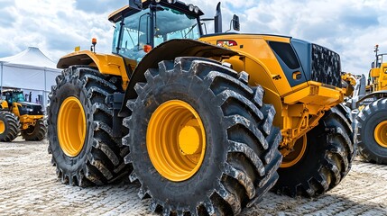 A powerful yellow tractor showcasing its massive wheels at an outdoor exhibition.