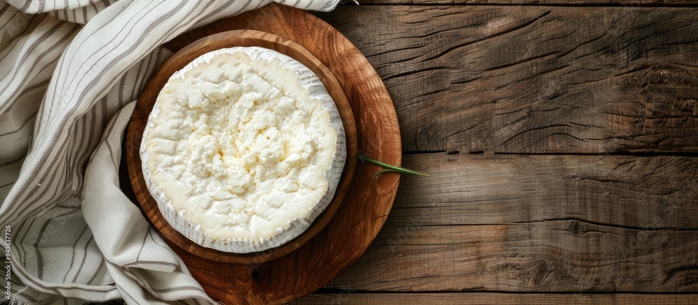 Aufkleber Fresh soft cheese made from cow goat or sheep milk is a natural appetizer on a rustic table ideal for a meal or snack displayed with copy space in a top view food background