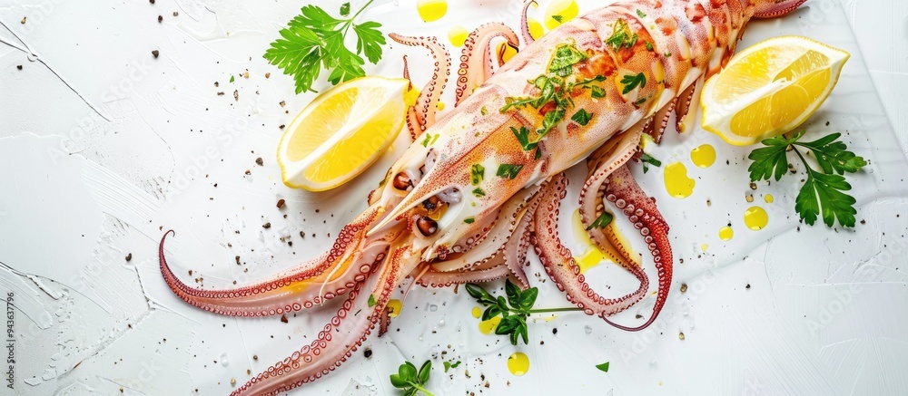 Poster fresh seafood with a whole raw squid garnished with herbs and lemon on a white background for a copy
