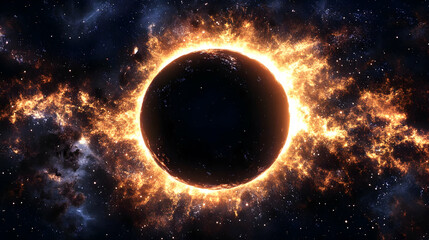A fiery ring surrounds a dark planet in a deep space nebula.