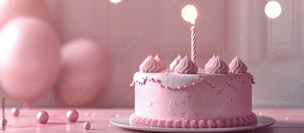 Poster A pink birthday cake is displayed on the table with copy space image