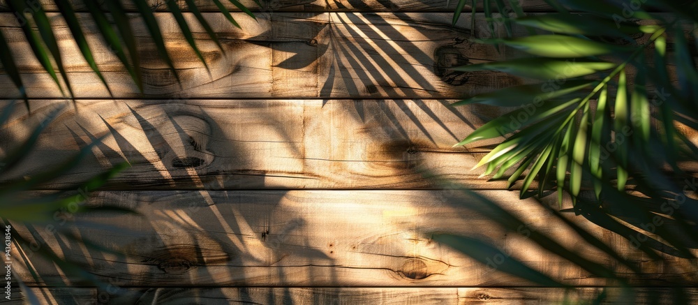 Wall mural Wooden background with blurred palm leaves casting shadows perfect for a copy space image