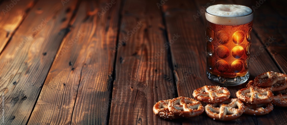 Poster wooden table with a glass of beer pretzel crackers and copy space image available