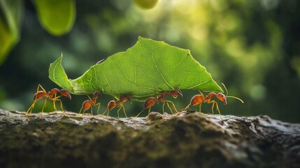 A team of ants carrying large leaves together, demonstrating incredible teamwork and strength.