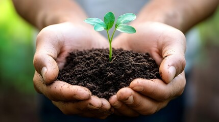 Hands Holding a Young Plant Sprout in Fertile Soil,Concept of Growth,Sustainability and New