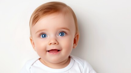 Fototapeta premium A baby with blue eyes and a red head is smiling. The baby is wearing a white shirt and is laying on a white background