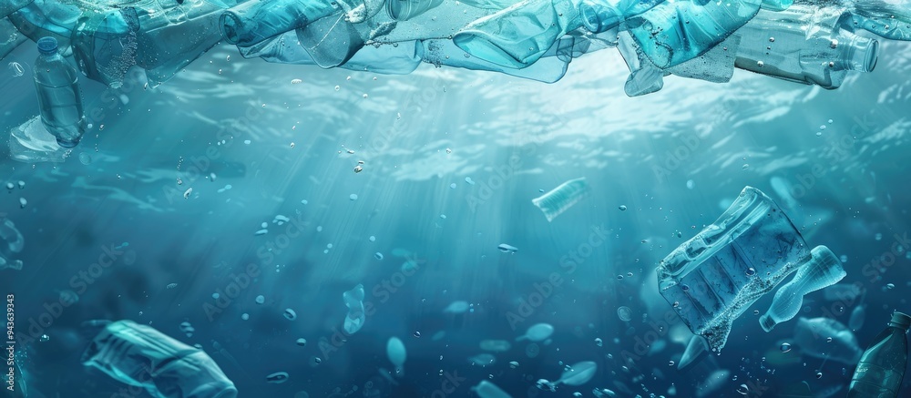 Poster plastic waste pollutant submerged underwater against a backdrop of the blue sea creating an environm