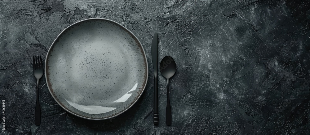 Leinwandbilder dark textured concrete background with a round ceramic plate and cutlery setting the scene for dinne