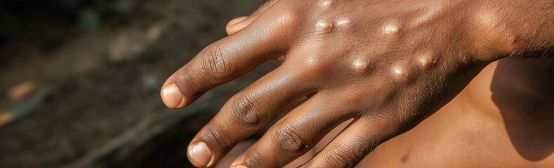 Fototapeta premium Mpox. Monkeypox new disease dangerous infection pandemic. Close up of a Body Persons covered in monkeypox rash. It shows Mpox on the fingers Leg and back. Generative ai. 