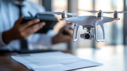 Drone insurance policy being signed, focusing on the document and drone model, emphasizing the importance of securing coverage for aerial vehicles and legal aspects of finalizing insurance agreement.