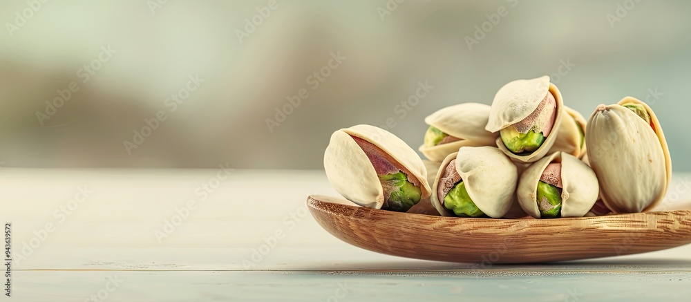 Poster delicious pistachio nuts arranged on a wooden spoon against a white backdrop in a captivating copy s
