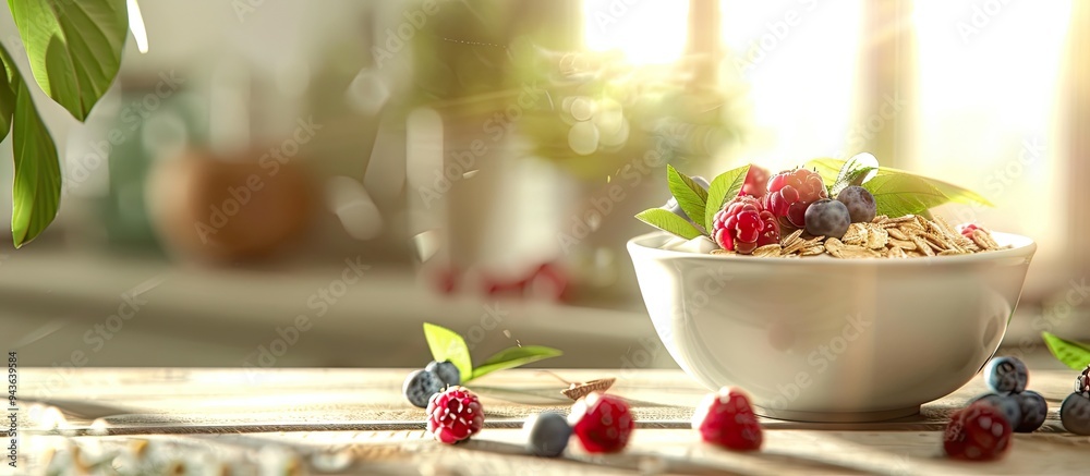 Aufkleber Healthy breakfast consisting of oat muesli served with yogurt topped with fresh berries Ideal for a nutritious meal Featuring a delightful arrangement on a copy space image
