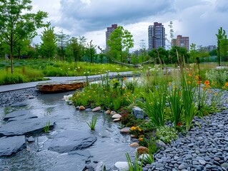 Sustainable Urban Rain Garden Enhancing Green Spaces and Stormwater Management