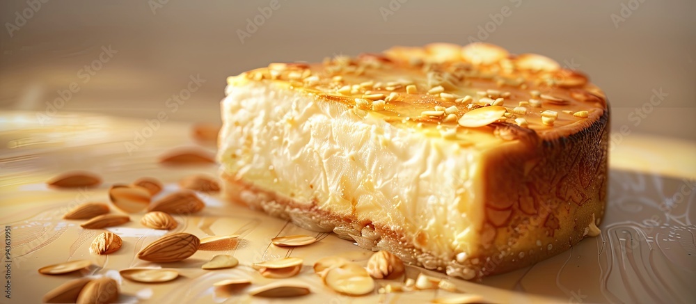 Poster a delicious cheesecake adorned with scattered almond flakes displayed in a tantalizing arrangement w