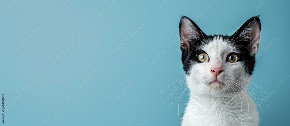Poster a cat with black and white fur is pictured against a blue and white backdrop in a copy space image