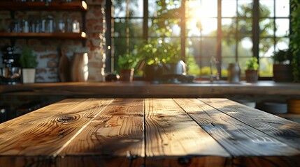 Plan de travail en bois, arri&egrave;re plan cuisine flou, , pour int&eacute;gration produits, ou d&eacute;cor graphique, style mockup