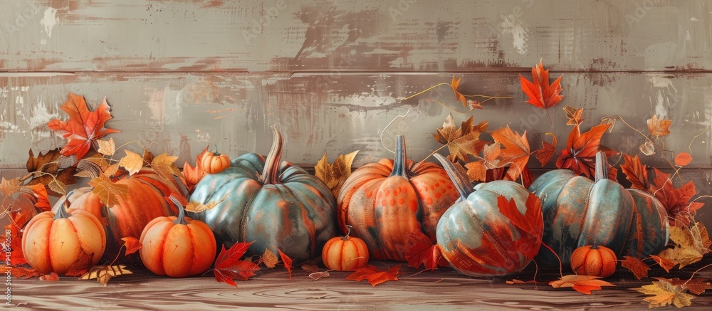 Poster A fall themed arrangement with pumpkins and colorful leaves on a rustic brown wooden backdrop perfect for adding text or graphics with copy space image