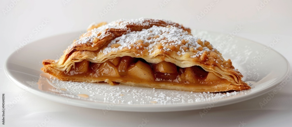 Poster a white plate holds an apple pie danish featuring apple filling powdered sugar crumble and set again