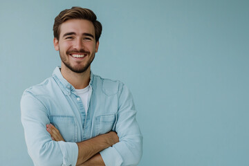 Close-up Young Man with Confident Smile. Smiling young man in casual wear against a teal background, ideal for professional or social media use.