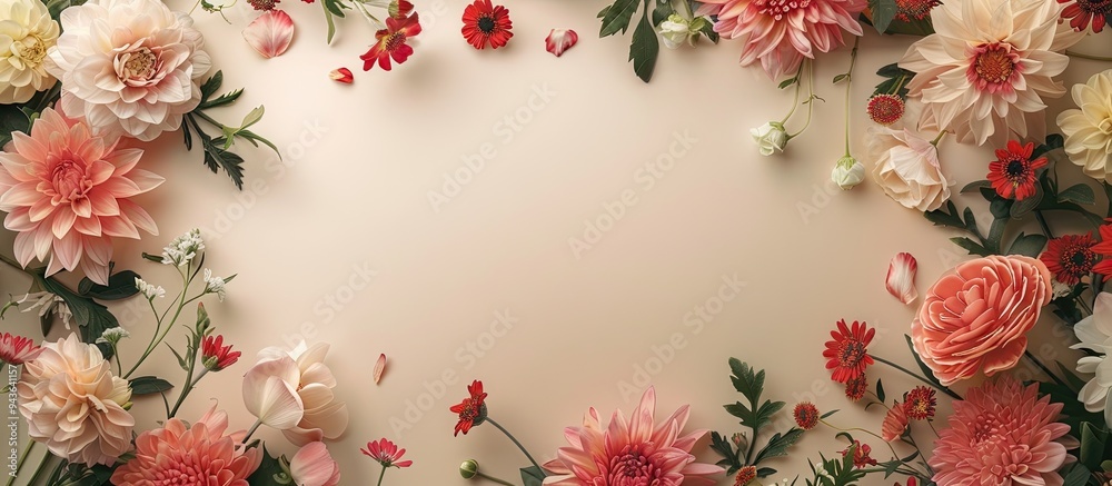 Poster Top view image of a frame made with flowers against a beige background perfect for showcasing with copy space
