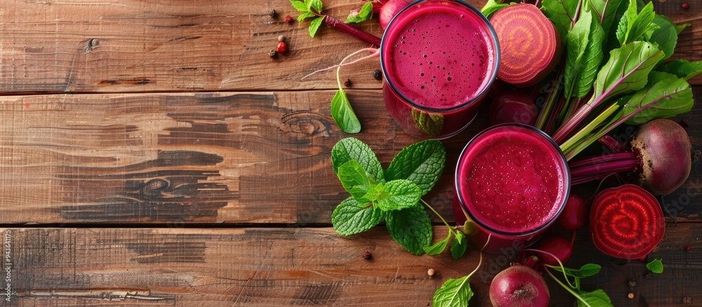 Fototapete Flat lay composition with a glass of fresh beet juice ripe vegetables and mint displayed on a wooden table with ample copy space for text in the image