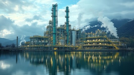 Fototapeta premium A visual comparison of energy consumption patterns in traditional versus modern power plants while reflecting on the water.
