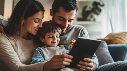 Family comparing term life insurance plans on a digital tablet computer at home.
