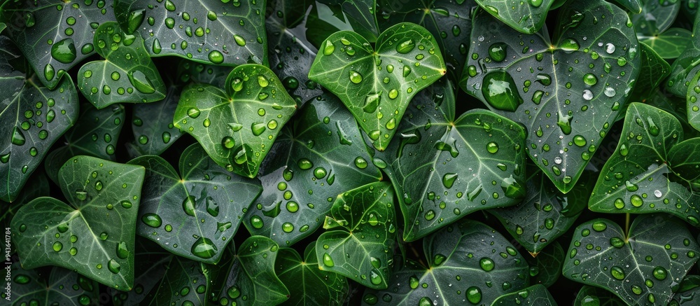 Aufkleber close up macro shot of rain kissed ivy leaves serving as a nature background for design with a fresh