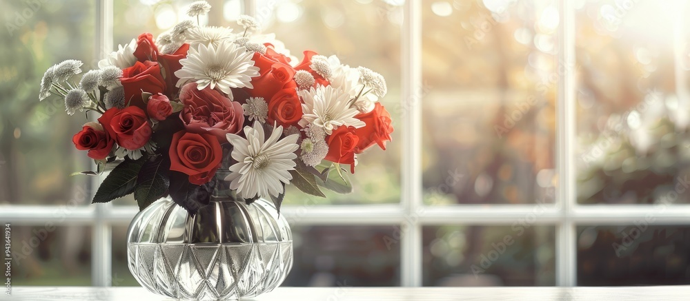 Poster a charming floral arrangement of red roses white chrysanthemums and delicate pink blooms in a crysta