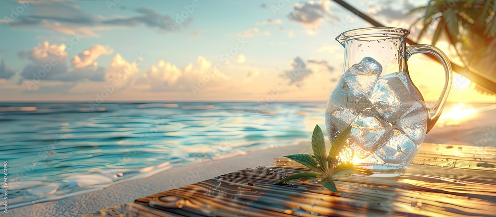 Aufkleber wooden table top with a tropical beach backdrop featuring a large water jug filled with ice ideal fo