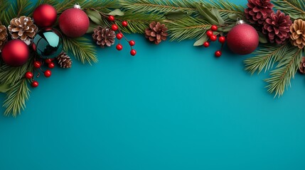 A blue background with red and green decorations. The decorations include pine cones, red and green balls, and other ornaments