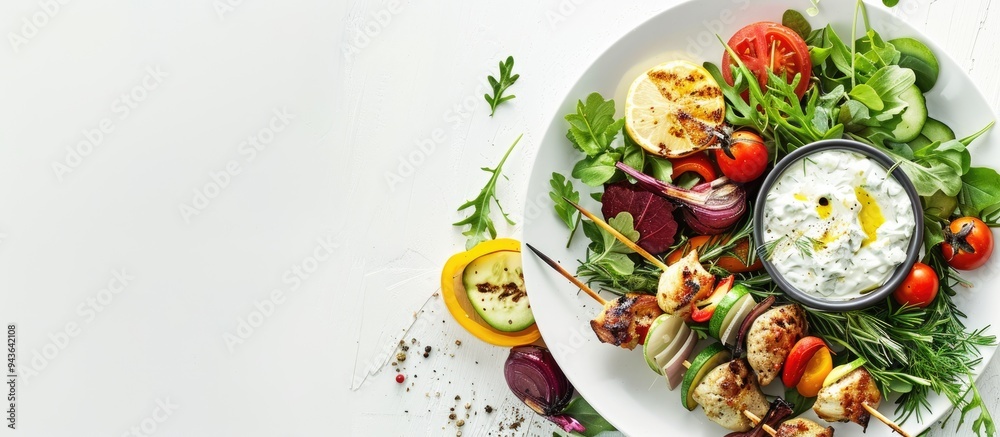 Poster top view of a mediterranean lunch featuring roasted skewers tzatziki sauce and veggies on a white ba