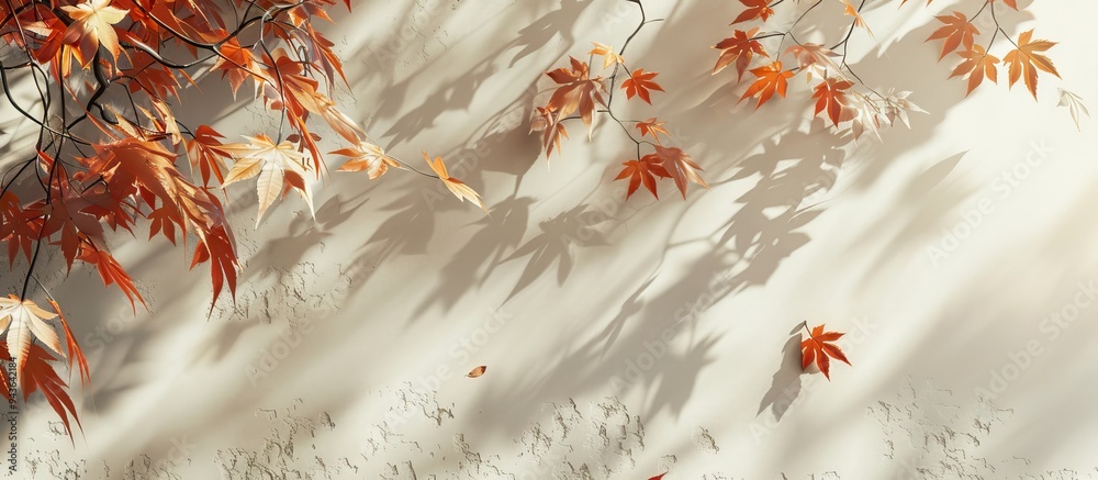 Wall mural cream colored fall setting with shadows of maple tree leaves on a wall in a minimalist autumn backdr